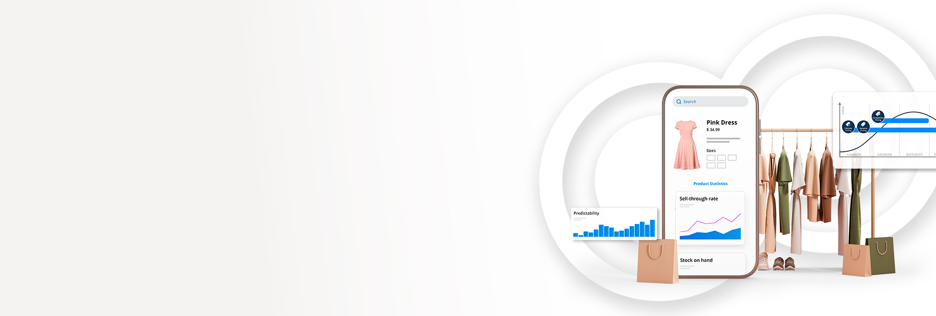 Image showing a digital display of a mobile phone with a pink dress on the screen. Graphs and charts depicting AI-driven forecasting sales data and trends surround it. In the background, several dresses hang on a rack alongside shopping bags, suggesting an online clothing store's retail success.