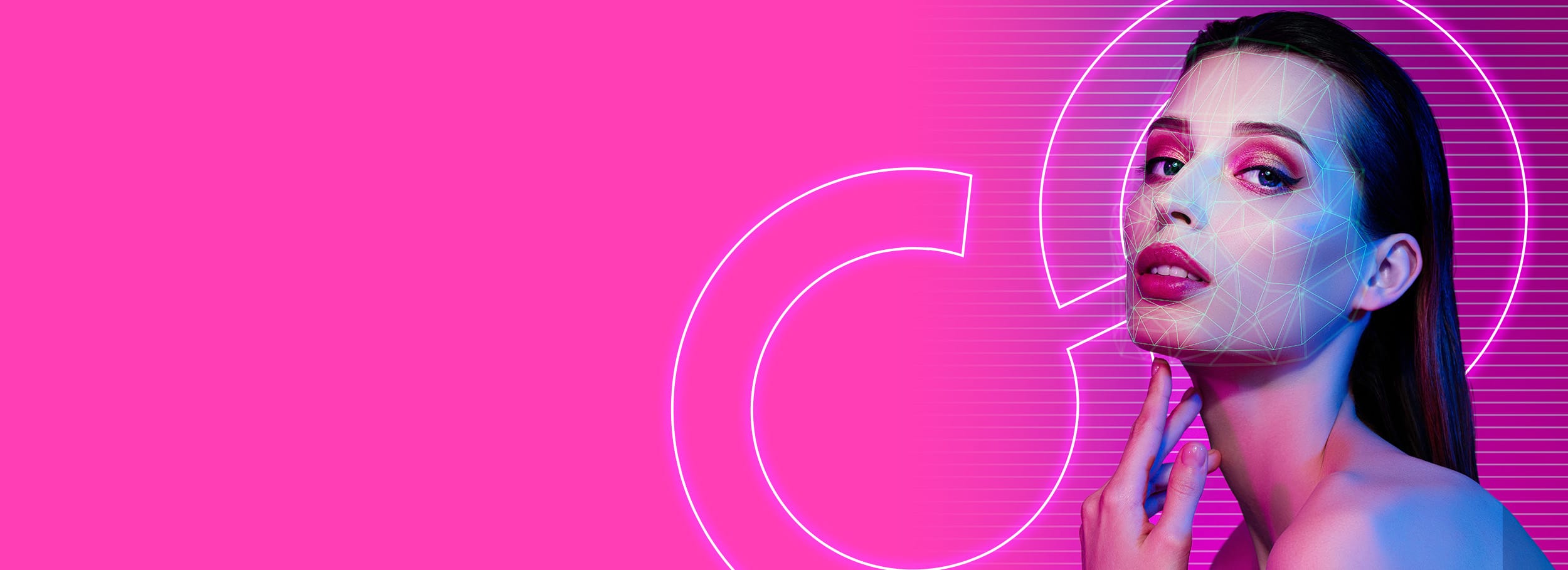 A woman with digital facial patterns is set against a vibrant pink background with futuristic neon elements. She gazes upward, exuding power as her bright makeup reflects the cutting-edge creativity of the cosmetic industry, while her right hand gently touches her chin.