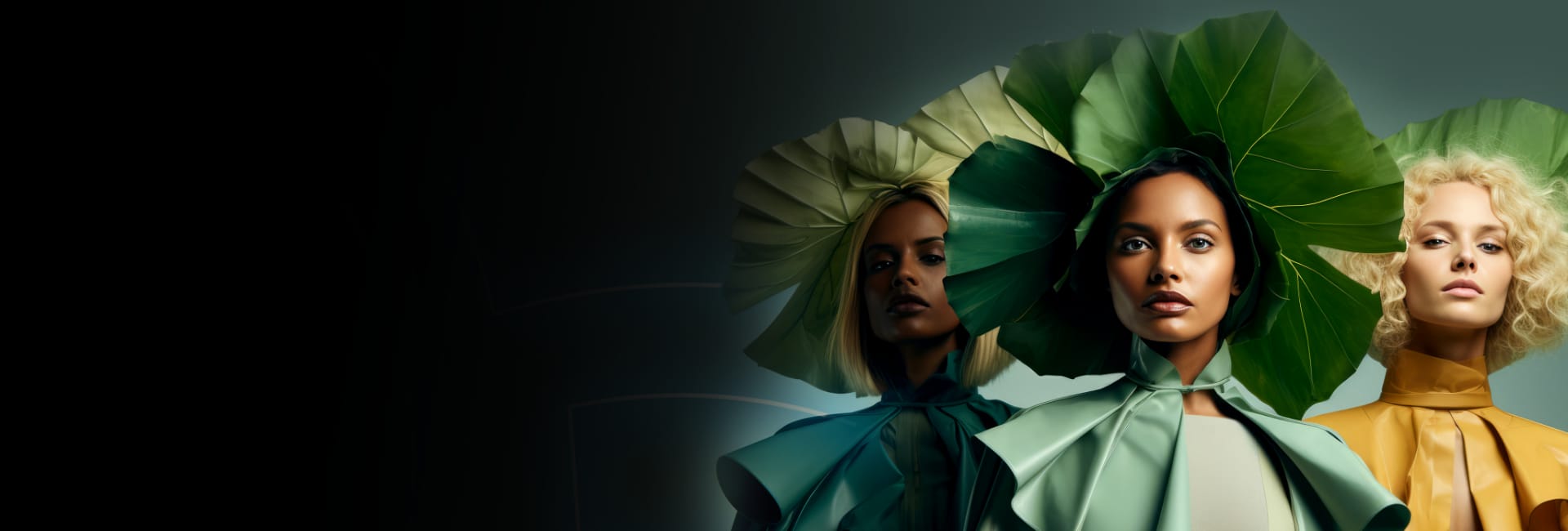Three fashion models pose against a dark background, each wearing a large, green leaf as a hat. They are dressed in flowing, sustainability-inspired outfits in shades of green and gold. The left model looks slightly to the side, while the other two face forward.