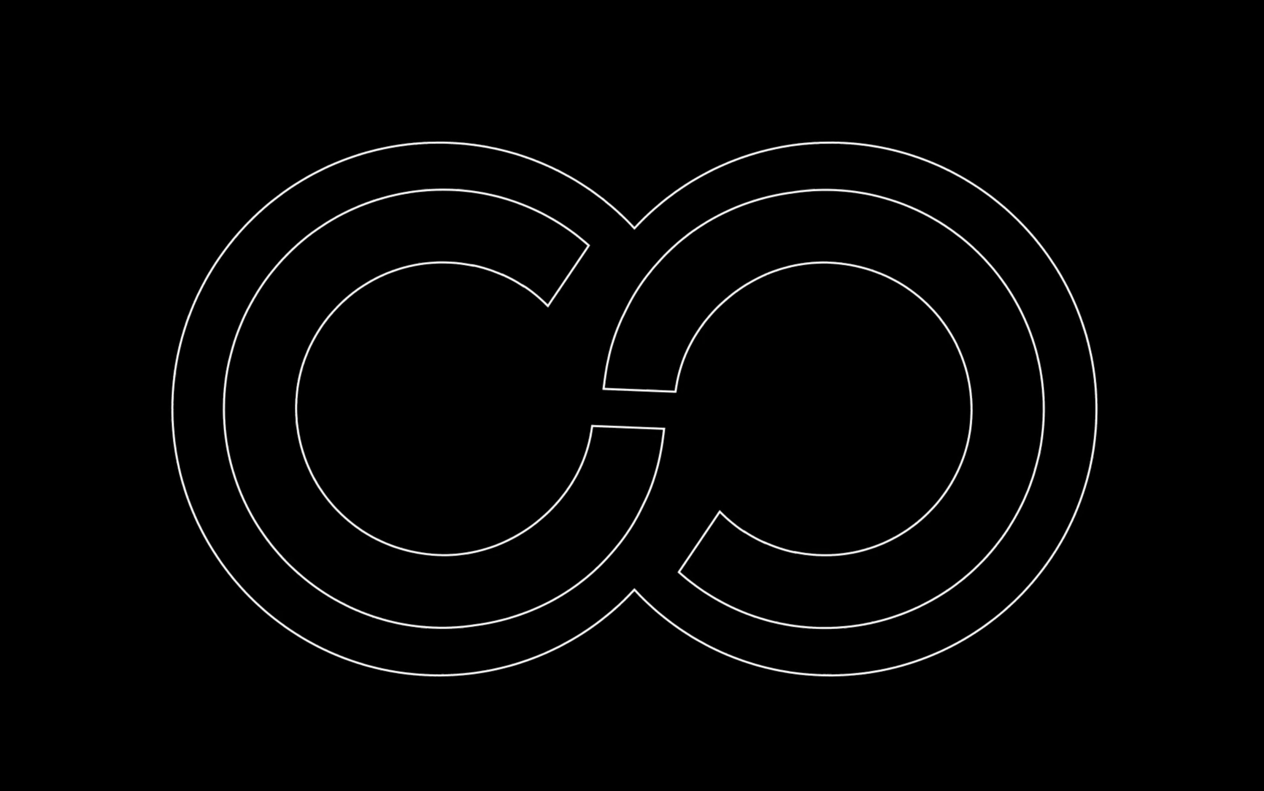 A continuous white outline of two overlapping circles on a black background, forming an abstract infinity symbol. The design, favored by BlueStar Group, is simple and geometric with the circles sharing part of their perimeter to create a central vertical line, symbolizing innovation.