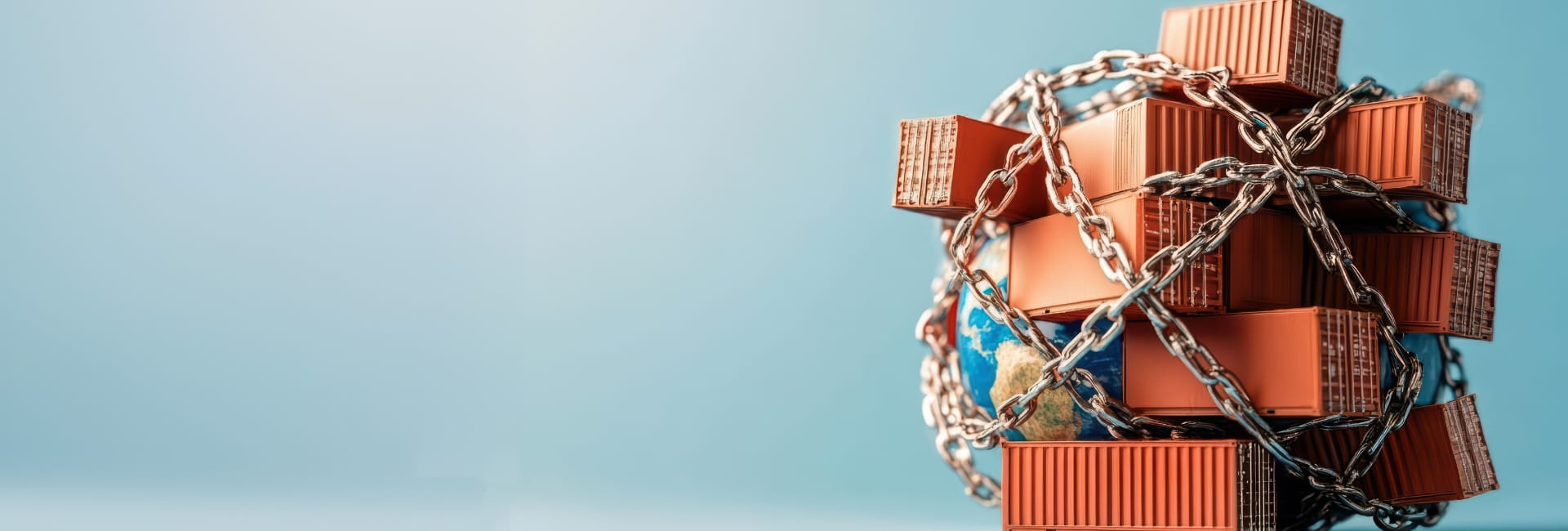 A cluster of orange shipping containers is bound together with thick chains against a blue background, symbolizing global trade strategies and logistics security.
