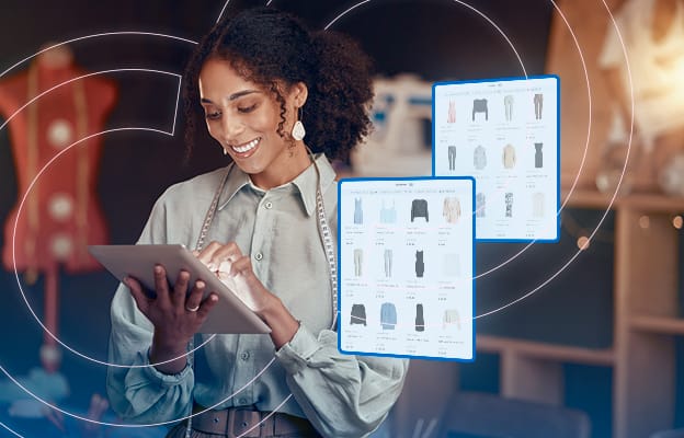 Woman Using Tablet for Fashion Inventory Research and Management