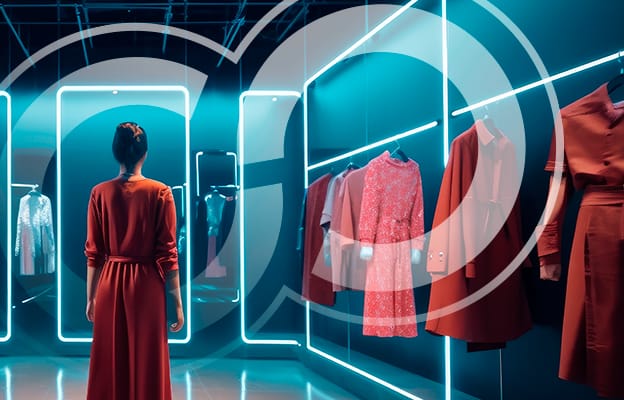 Woman in Red Dress Looking at Clothing Hanging on Racks