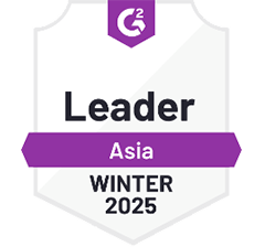A badge with a white shield design and purple accents features the G2 logo at the top, "Leader" in bold, "Asia" on a purple ribbon beneath, and "Winter 2025" at the bottom. Celebrating advancements in artificial intelligence, this emblem highlights excellence and innovation.